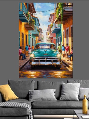 Tablomega Renkli Sokak Klasik Araba Dekoratif Kanvas - Mdf Ahşap Tablo
