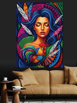 Karizma Tablo Renkli Kızılderili Kadın Portresi Dekoratif Kanvas - Mdf Ahşap Tablo