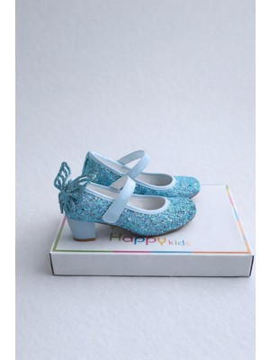 Kız Çocuk Abiye Ayakkabı Mavi Kelebekli Pırıltılı Parti -Doğum Günü  Topuklu Kız Çocuk Ayakkabı