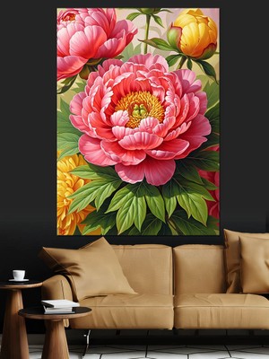 Artmeg Pembe Şakayık Çiçeği Çizimi Dekoratif Kanvas - Mdf Ahşap Tablo