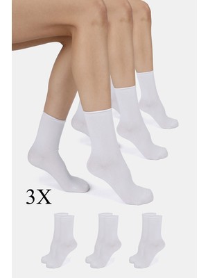 ERENART Bambu Kadın Lastiksiz Beyaz Soket Dikişsiz Premium Çorap 3'lü Paket Sıkmayan Çorap Iz Bırakmaz