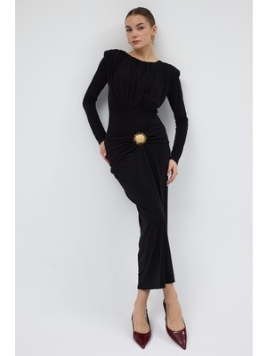 Rays Siyah Güneş Tokalı Büzgülü Uzun Kollu Elbise 252639