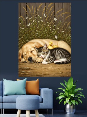Tablomega Uyuyan Kedi ve Köpek Dekoratif Kanvas - Mdf Ahşap Tablo