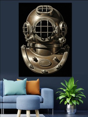 Tablomega Eski Dalgıç Başlığı Kaskı Dekoratif Kanvas - Mdf Ahşap Tablo