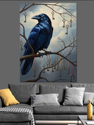 Tablomega Anahtarlı Karga Dalda Duran Dekoratif Kanvas - Mdf Ahşap Tablo