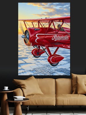 Tablomega Kırmızı Pervaneli Uçak Resmi Dekoratif Kanvas - Mdf Ahşap Tablo