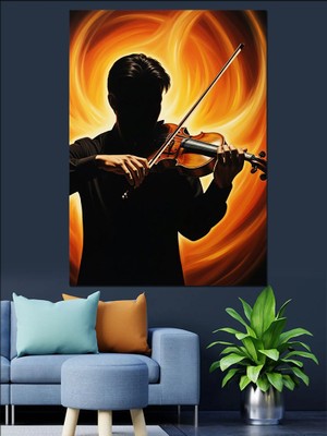 Tablomega Alevler Içinde Keman Çalan Dekoratif Kanvas - Mdf Ahşap Tablo