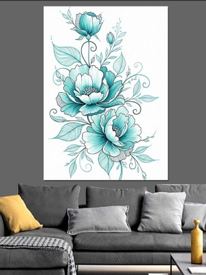 Tablomega Mavi Çiçek Dövme Deseni Dekoratif Kanvas - Mdf Ahşap Tablo