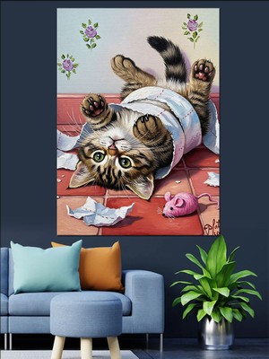 Tablomega Havluya Sarılı Komik Kedi Dekoratif Kanvas - Mdf Ahşap Tablo