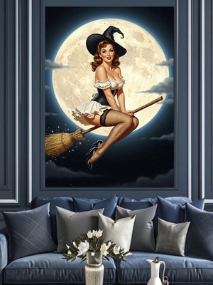 Tablomega Süpürgeli Cadı Pinup Kızı Dekoratif Kanvas - Mdf Ahşap Tablo