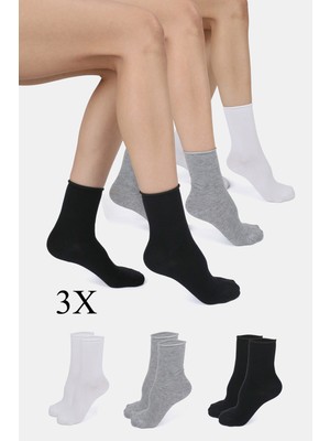 ERENART Bambu Kadın Lastiksiz Beyaz-Siyah-Gri Soket Dikişsiz Premium Çorap 3'lü Paket Sıkmayan Çorap Iz Bırakmaz