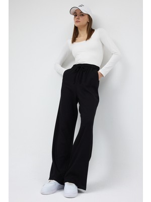 Rays Siyah Bel Lastikli Geniş Paça Kadın Eşofman Altı 9214M