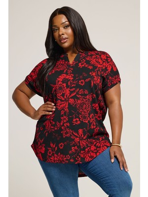 Stil Diva Büyük Beden Kısa Kollu V Yaka Baskılı T-Shirt 304204