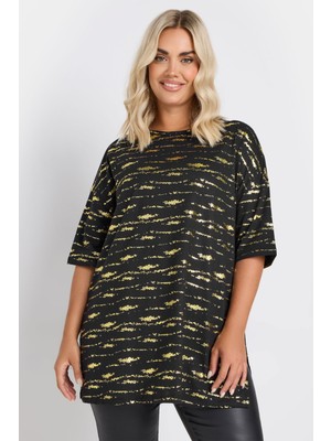 Stil Diva Büyük Beden Kısa Kollu Bisiklet Yaka Baskılı Yırtmaçlı Uzun T-Shirt 303664