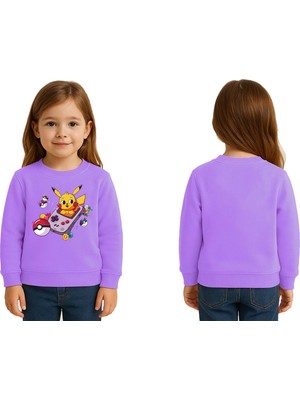 Sedirli Unisex Pikaçu Baskılı Çocuk Swaetshirt 3 Iplik Şardonlu