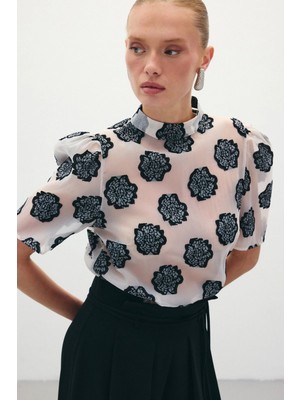 Sateen Organze Kısa Kol Bluz - Siyah