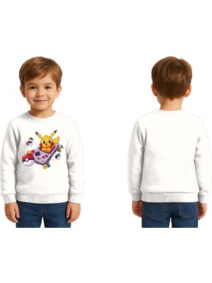 Sedirli Unisex Pikaçu Baskılı Çocuk Swaetshirt 3 Iplik Şardonlu