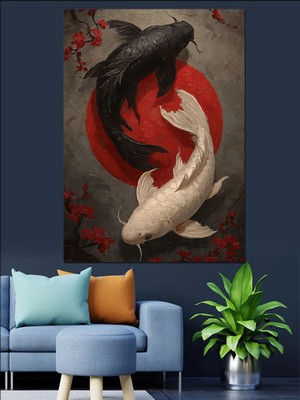 Tablomega Yin Yang Koi Balıkları Dekoratif Kanvas - Mdf Ahşap Tablo