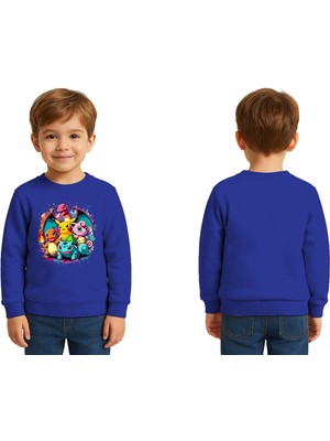 Sedirli Unisex Pokemon Baskılı Çocuk Swaetshirt 3 Iplik Şardonlu