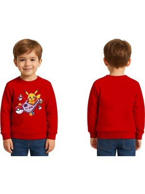 Sedirli Unisex Pikaçu Baskılı Çocuk Swaetshirt 3 Iplik Şardonlu