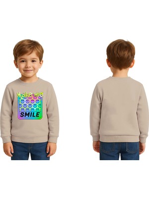 Sedirli Unisex Smile Baskılı Çocuk Swaetshirt 3 Iplik Şardonlu