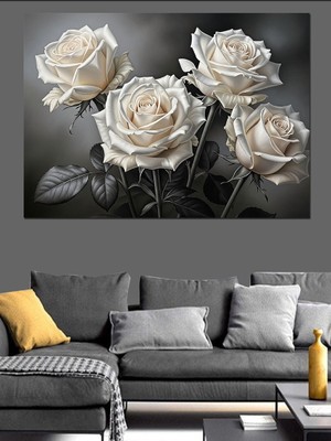 Artmeg Beyaz Gül Çiçek Buketi Dekoratif Kanvas - Mdf Ahşap Tablo