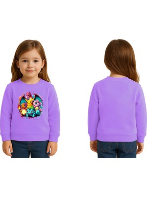 Sedirli Unisex Pokemon Baskılı Çocuk Swaetshirt 3 Iplik Şardonlu