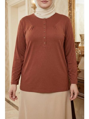 Pıtırcık Cimariva Kadın Arsu Büyük Beden Robalı Süs Düğmeli Taba Bluz