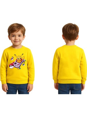 Sedirli Unisex Pikaçu Baskılı Çocuk Swaetshirt 3 Iplik Şardonlu