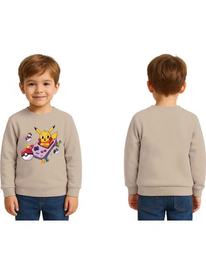 Sedirli Unisex Pikaçu Baskılı Çocuk Swaetshirt 3 Iplik Şardonlu