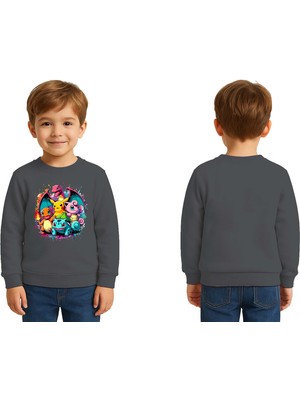 Sedirli Unisex Pokemon Baskılı Çocuk Swaetshirt 3 Iplik Şardonlu