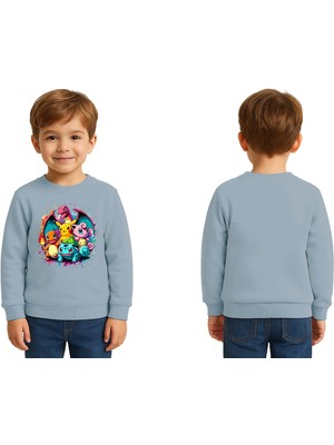 Sedirli Unisex Pokemon Baskılı Çocuk Swaetshirt 3 Iplik Şardonlu