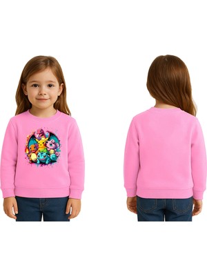Sedirli Unisex Pokemon Baskılı Çocuk Swaetshirt 3 Iplik Şardonlu
