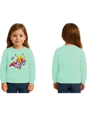 Sedirli Unisex Pokemon Baskılı Çocuk Swaetshirt 3 Iplik Şardonlu