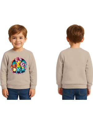 Sedirli Unisex Pokemon Baskılı Çocuk Swaetshirt 3 Iplik Şardonlu