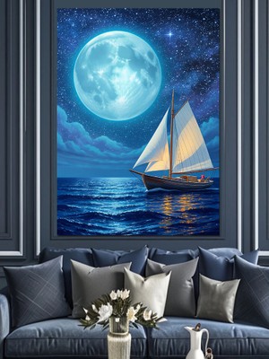 Artmeg Gece Deniz Yelkenli Gemi Dekoratif Kanvas - Mdf Ahşap Tablo