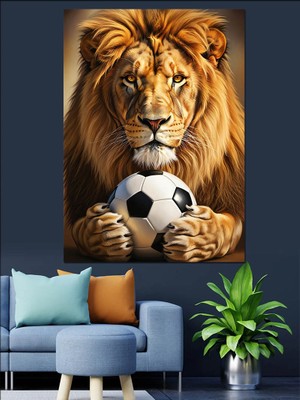 Karizma Tablo Futbol Oynayan Aslan Kral Dekoratif Kanvas - Mdf Ahşap Tablo