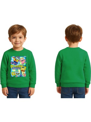 Sedirli Unisex Sünger Bob Baskılı Çocuk Swaetshirt 3 Iplik Şardonlu