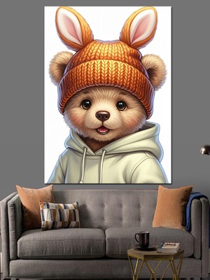 Artmeg Turuncu Şapkalı Ayı Yavrusu Dekoratif Kanvas - Mdf Ahşap Tablo