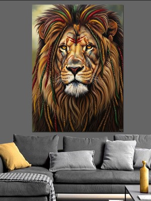 Artmeg Renkli Aslan Başı Çizimi Dekoratif Kanvas - Mdf Ahşap Tablo
