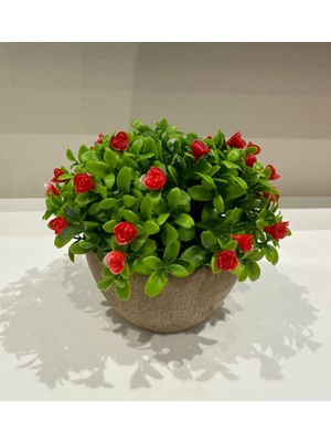 FB Cup Dekoratif Taş Görünümlü Saksıda Kırmızı Çiçekli Yapay Bitki - Masaüstü Dekoratif Çiçek (17X13 Cm)