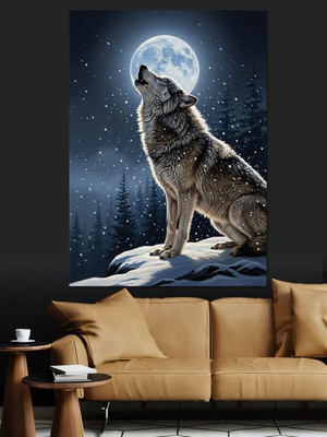 Tablomega Dolunaya Uluyan Kurt Resmi Dekoratif Kanvas - Mdf Ahşap Tablo