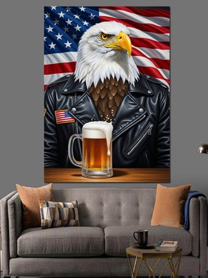 Artmeg Amerikan Kartalı Bira Içiyor Dekoratif Kanvas - Mdf Ahşap Tablo