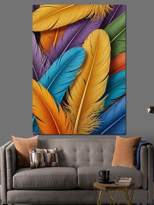 Tablomega Renkli Kuş Tüyü Detayı Dekoratif Kanvas - Mdf Ahşap Tablo