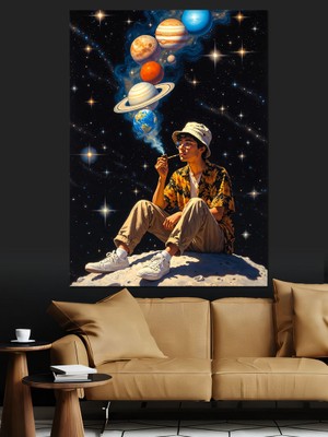 Tablomega Ayda Oturan Çocuk Uzay Dekoratif Kanvas - Mdf Ahşap Tablo
