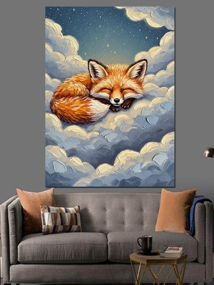 Artmeg Bulutlarda Uyuyan Tilki Çizimi Dekoratif Kanvas - Mdf Ahşap Tablo