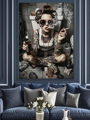 Artmeg Tuvalette Sigara Içen Kadın Dekoratif Kanvas - Mdf Ahşap Tablo