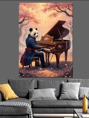Artmeg Piyano Çalan Panda Resmi Dekoratif Kanvas - Mdf Ahşap Tablo