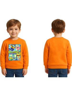 Sedirli Unisex Sünger Bob Baskılı Çocuk Swaetshirt 3 Iplik Şardonlu