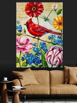 Tablomega Çiçekler Üzerinde Kırmızı Kuş Dekoratif Kanvas - Mdf Ahşap Tablo